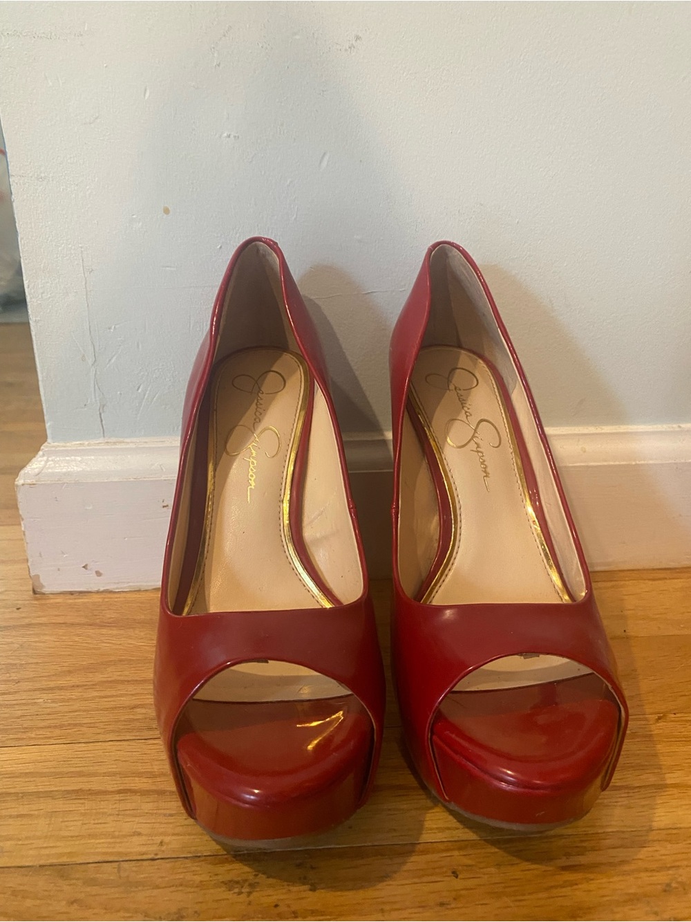 Jessica Simpson Red Patent Peep-Toe Cork Wedges - Picture 3 of 10